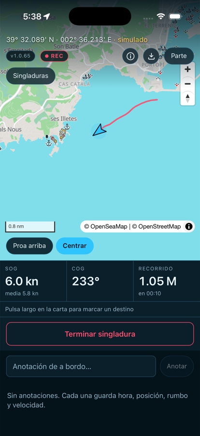 La carta de Offing con el barco navegando y el recorrido registrado