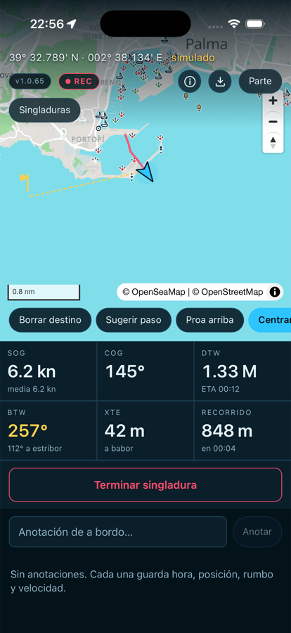 Panel con SOG, COG, distancia al destino, rumbo, desvío de la derrota y recorrido