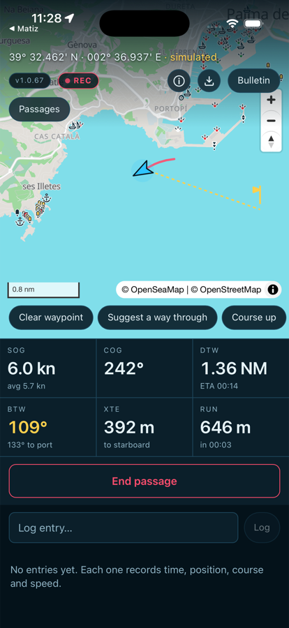 The Offing chart with the boat under way and the track being recorded