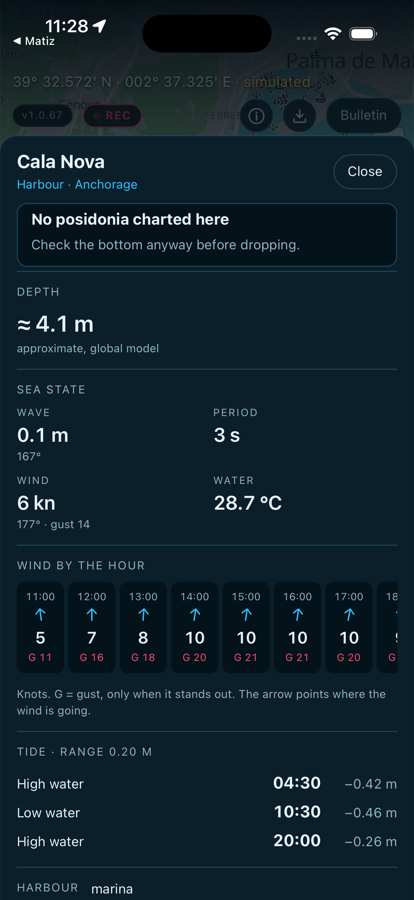Place card for a point on the chart: seagrass warning, depth, sea state, wind by the hour and tide