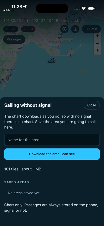 Downloading an area of the chart for use with no signal