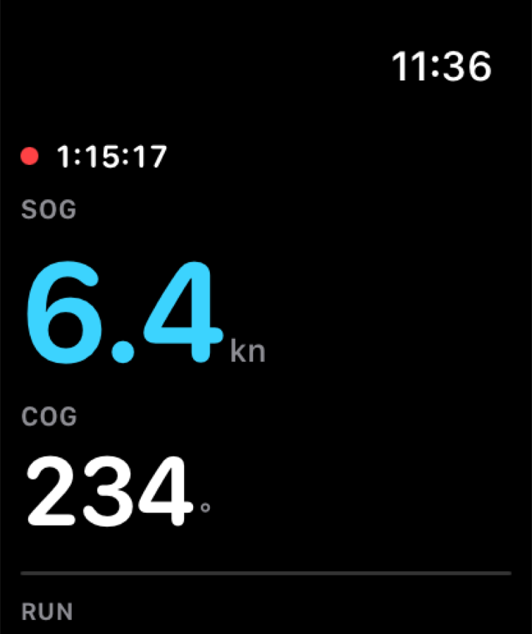 The Offing app on the Apple Watch: elapsed passage time, speed over ground and course