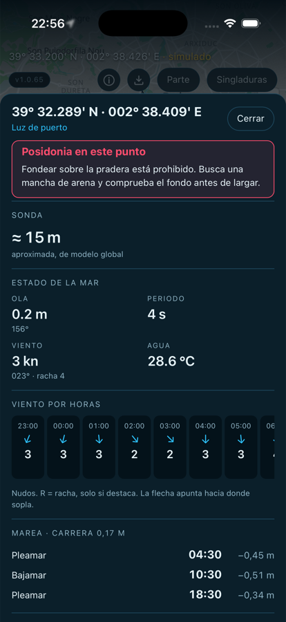 Ficha de un punto de la carta: aviso de posidonia, sonda, estado de la mar, viento por horas y marea